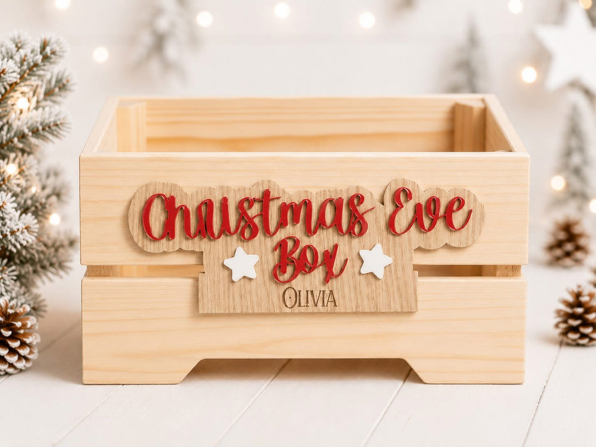 Christmas Eve Box Personalised Plaque- 4mm Oak Veneered & Acrylic Crate Crate