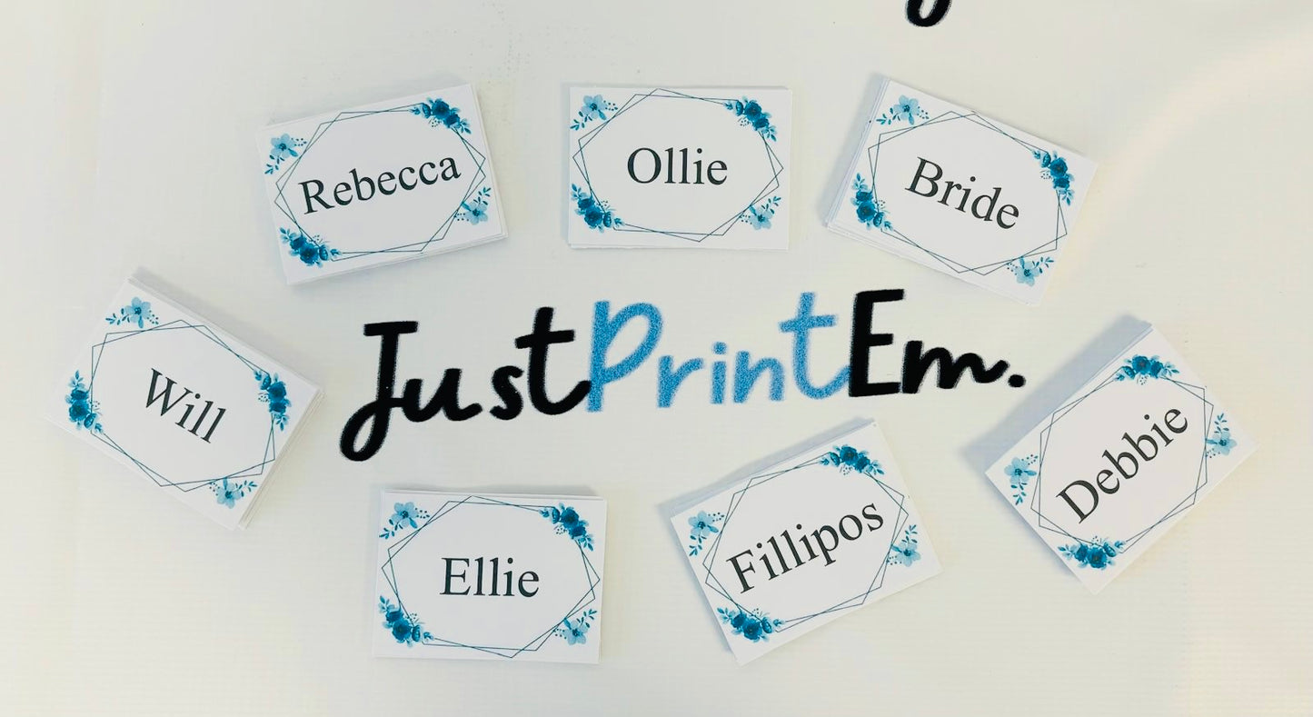 Blue and White Flower Wedding Name Cards- Pack of 25