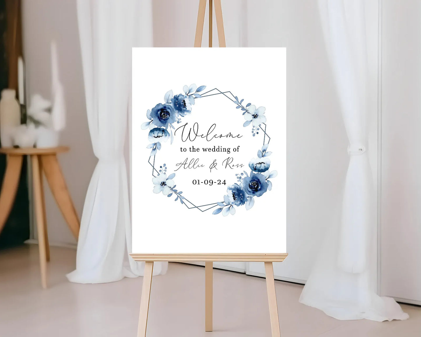 Blue and white flower Wedding Welcome Board
