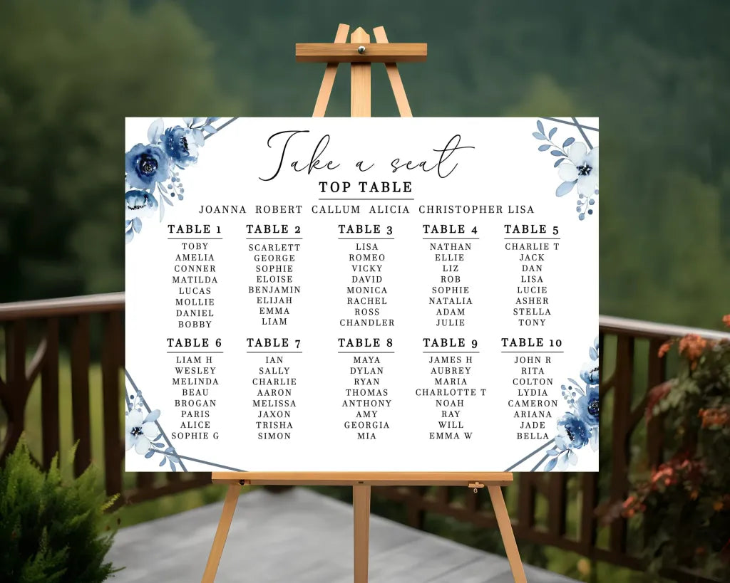 Blue and white flower Wedding Seating Plan 1-10 Tables