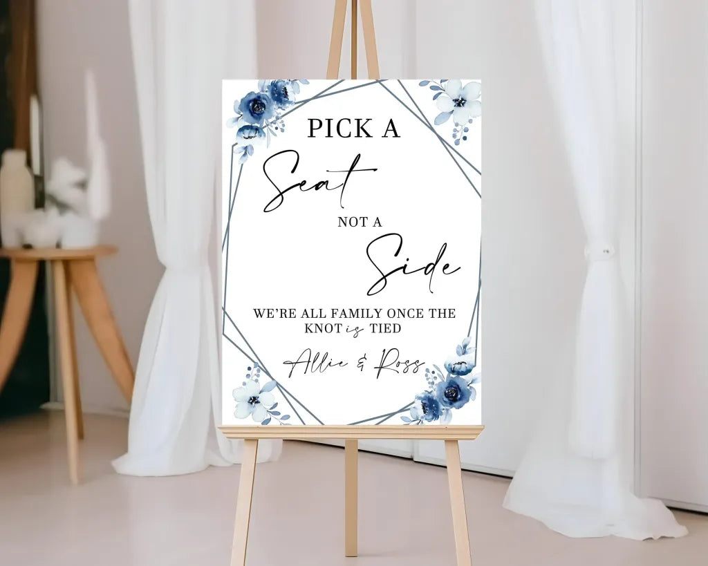 Blue and white flower Wedding Pick A Seat Sign