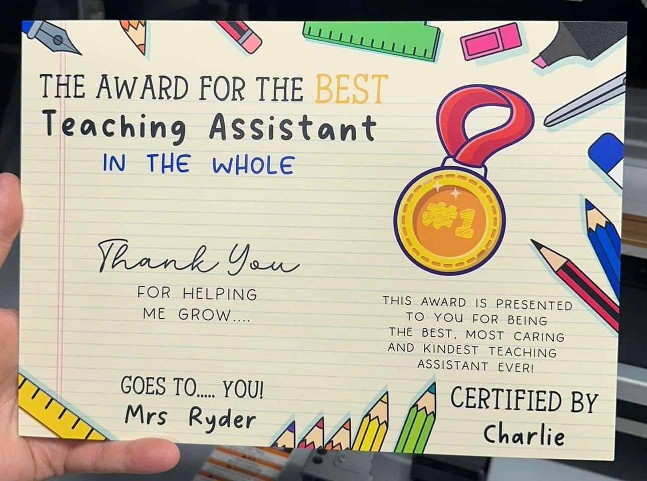 Teacher's Chocolate A4 Certificate