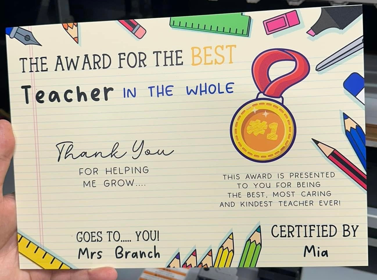 Teacher's Chocolate A4 Certificate
