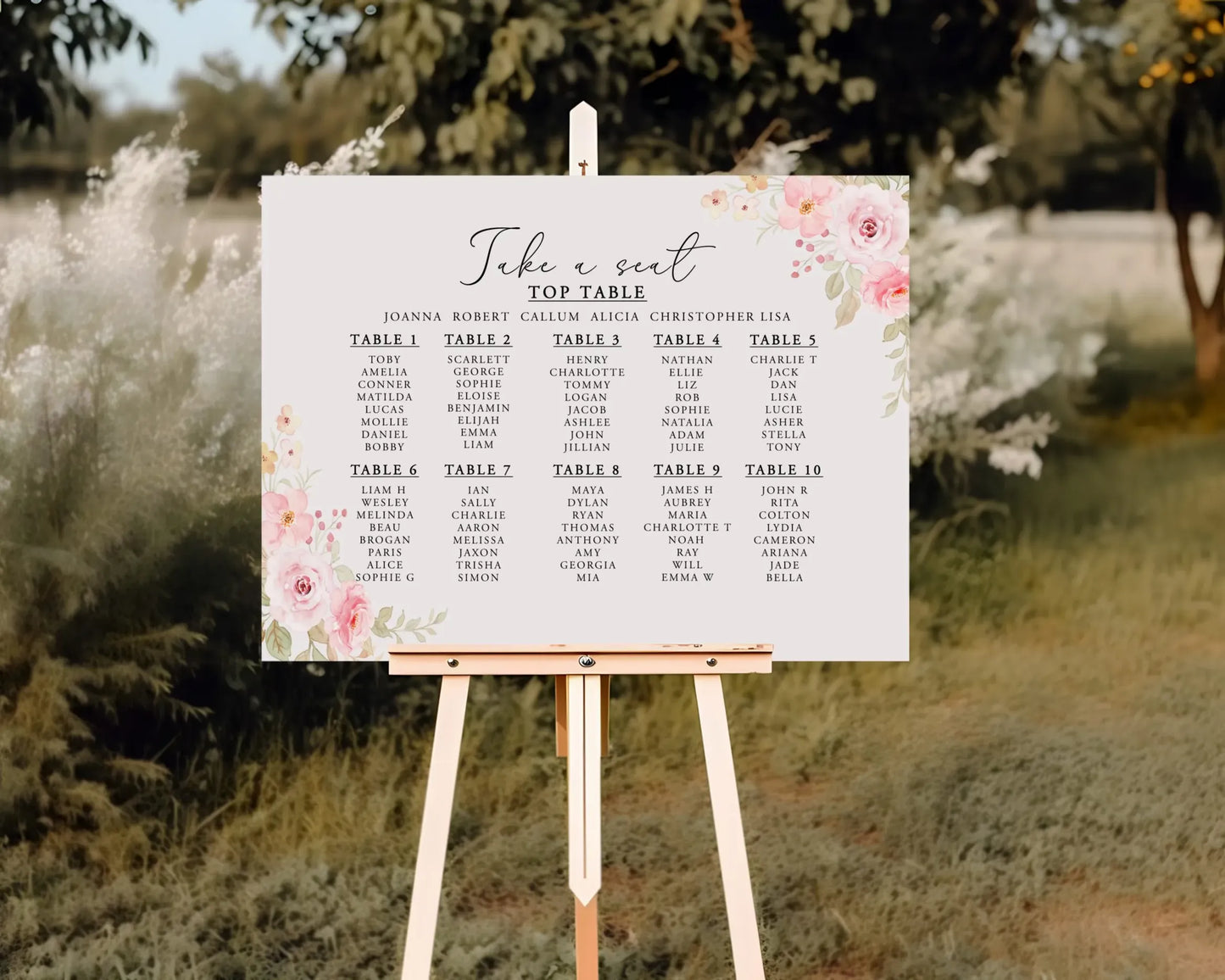 Light Pink Roses Wedding Seating Plan 1-10 Tables