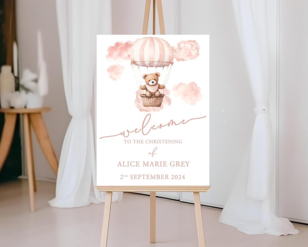 Christening Welcome Board Pink Bear
