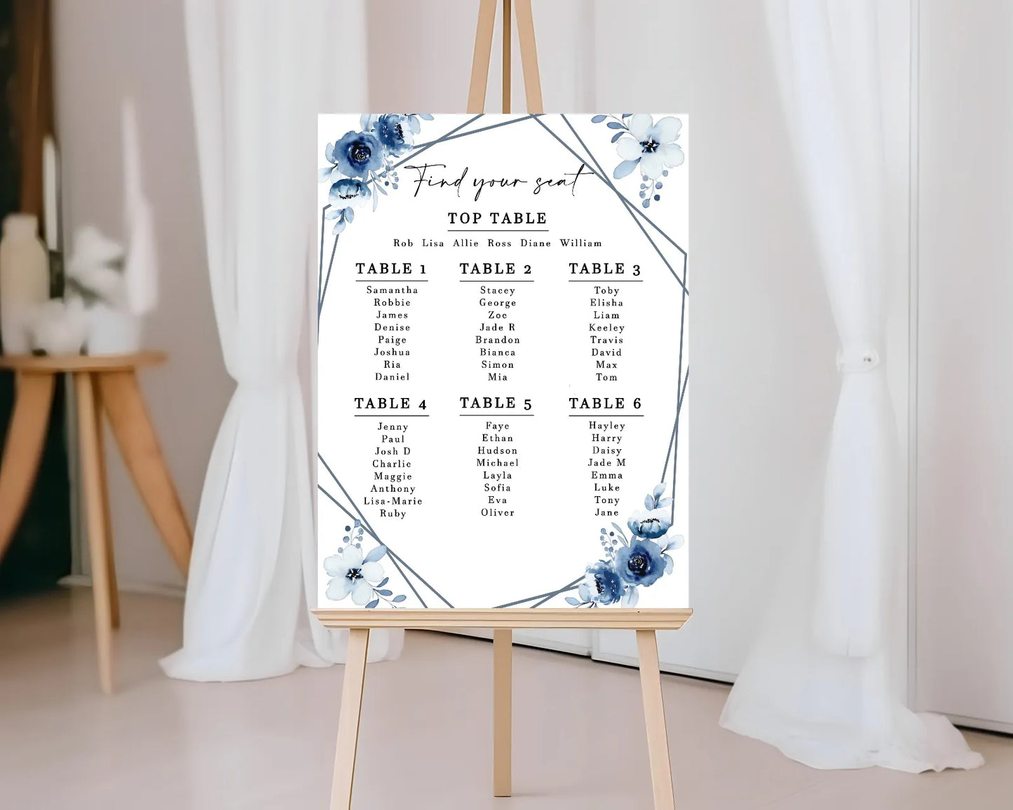 Blue and white flower Wedding Seating Plan 1-6 Tables