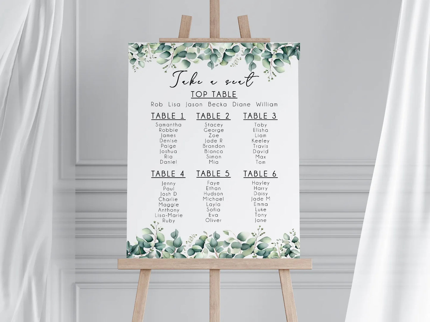 Classic Eucalyptus Wedding Seating Plan 1-6 Tables