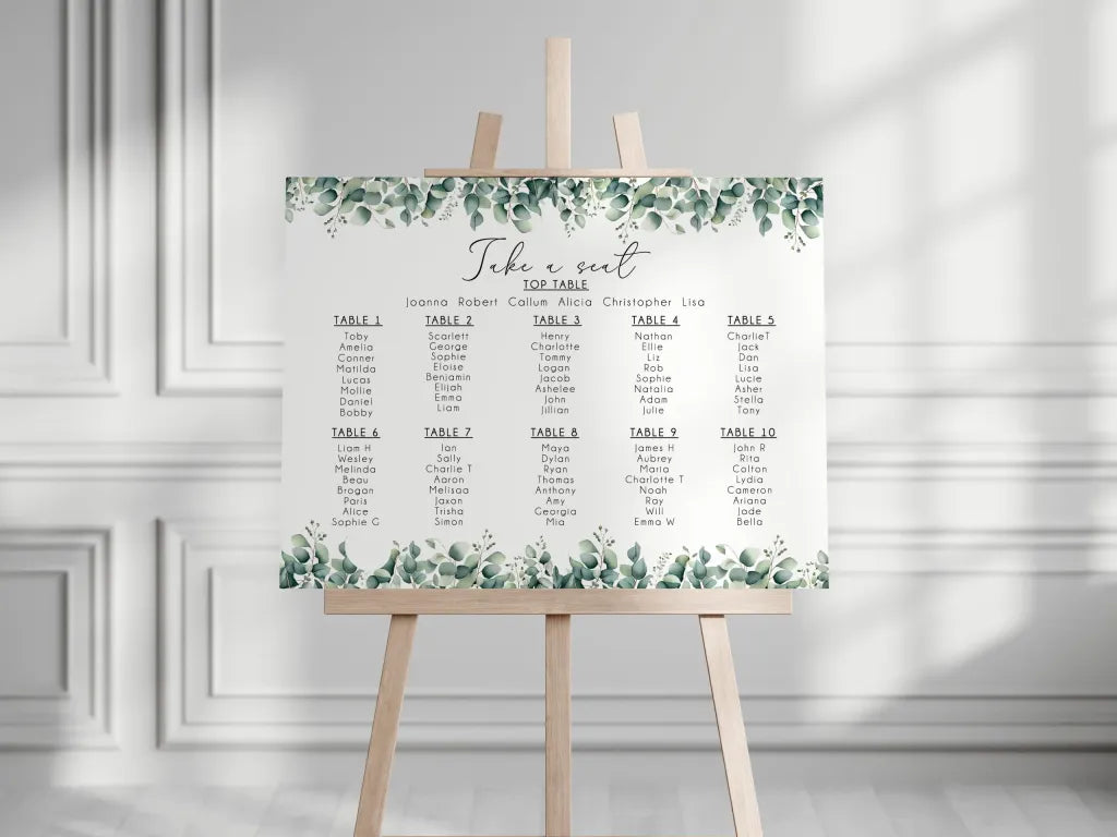 Classic Eucalyptus Wedding Seating Plan 1-10 Tables
