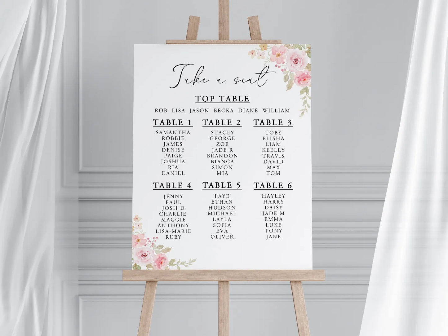 Light Pink Roses Wedding Seating Plan 1-6 Tables