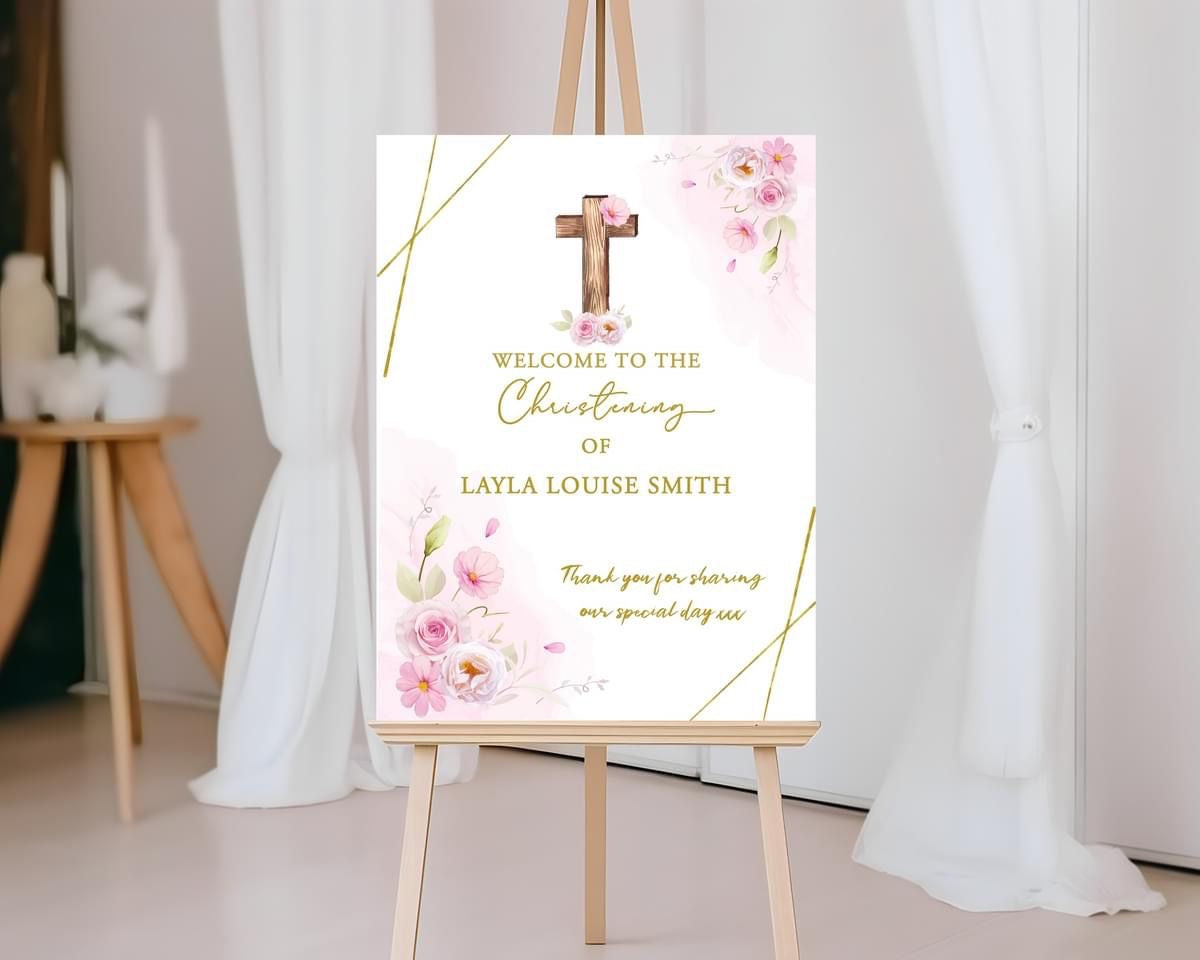 Christening Welcome Board Pink Cross