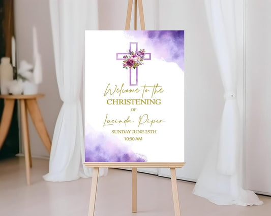 Christening Welcome Board Purple Cross