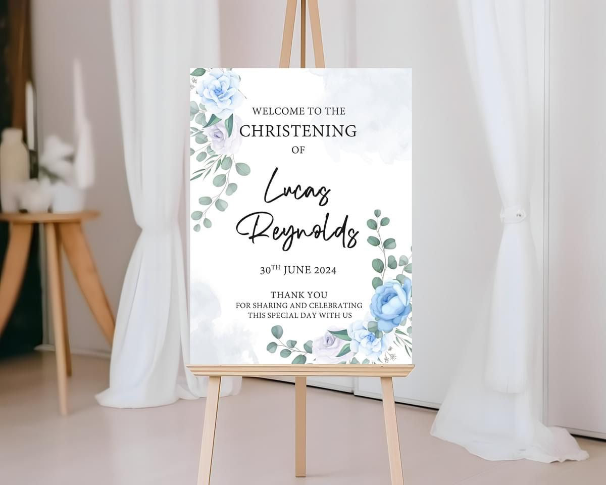 Christening Welcome Board Blue Floral