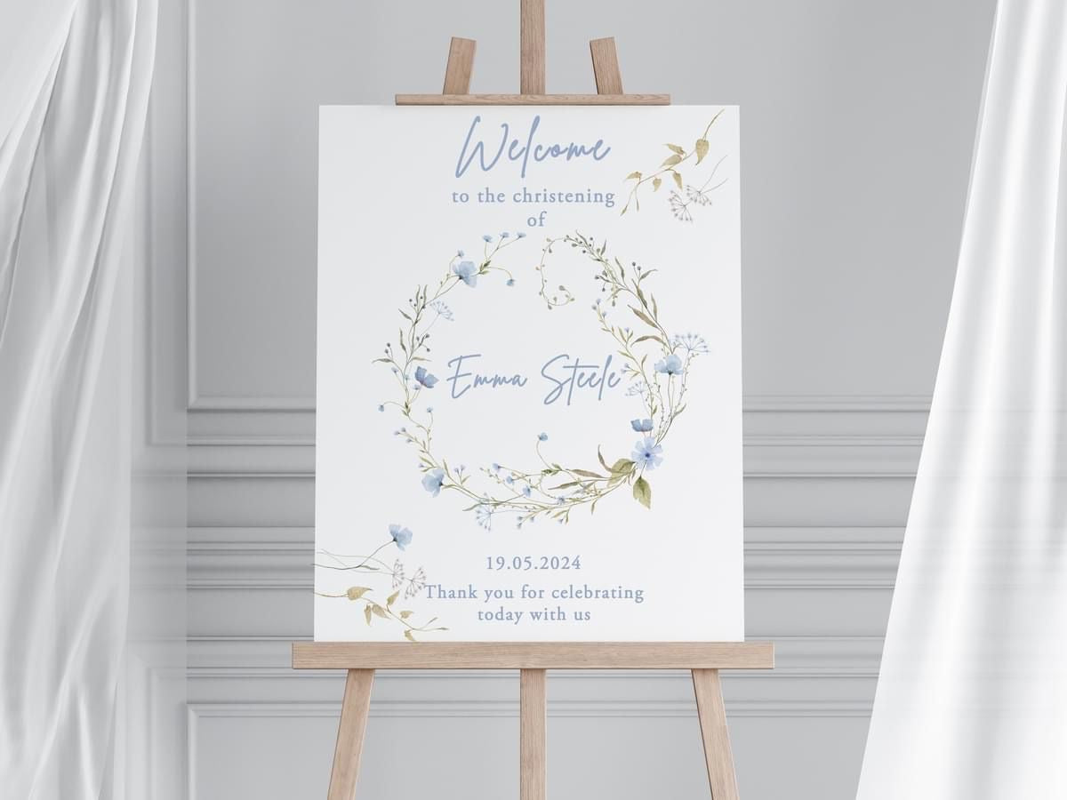 Christening Welcome Board Light Blue Floral